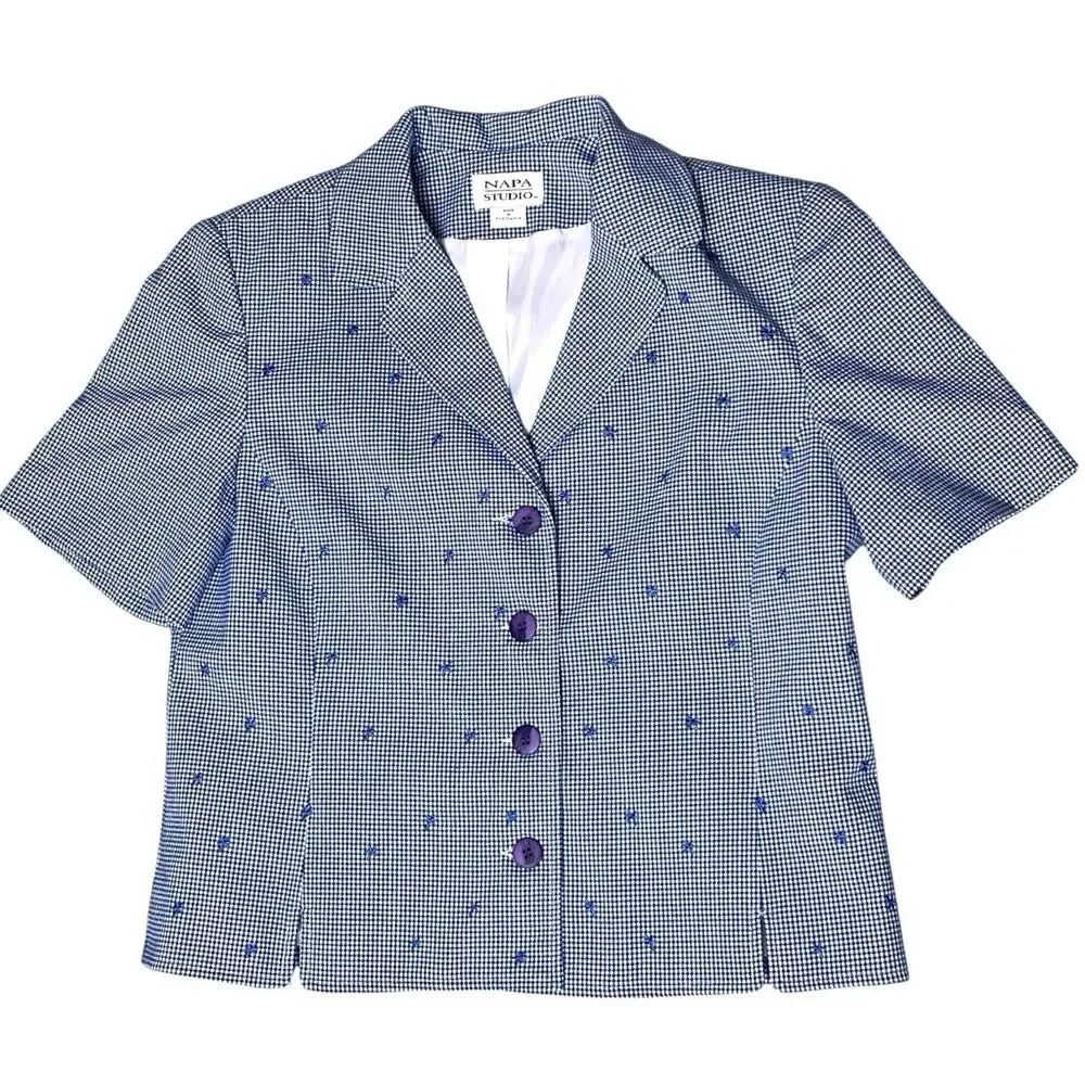 Napa Studio Button Jacket Size 12 Blue Check Embroidered Accents Lined 90s Vtg - Picture 4 of 10
